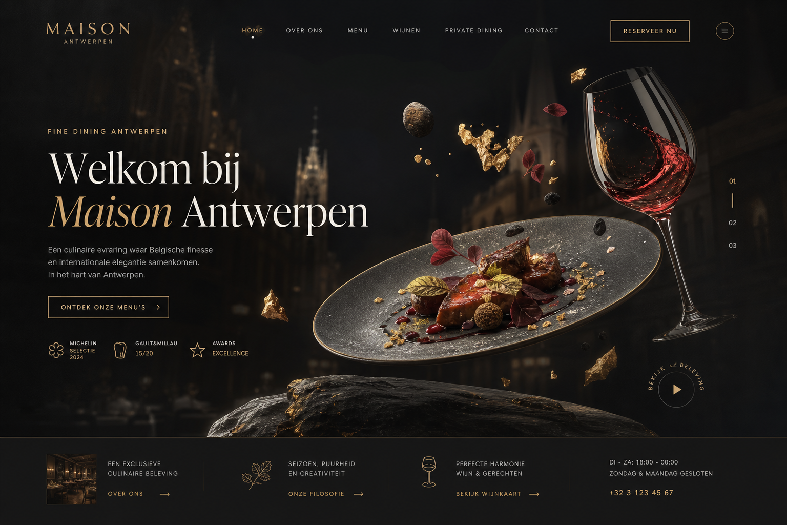 Restaurant — luxe 3D hero met diepte en elegantie.