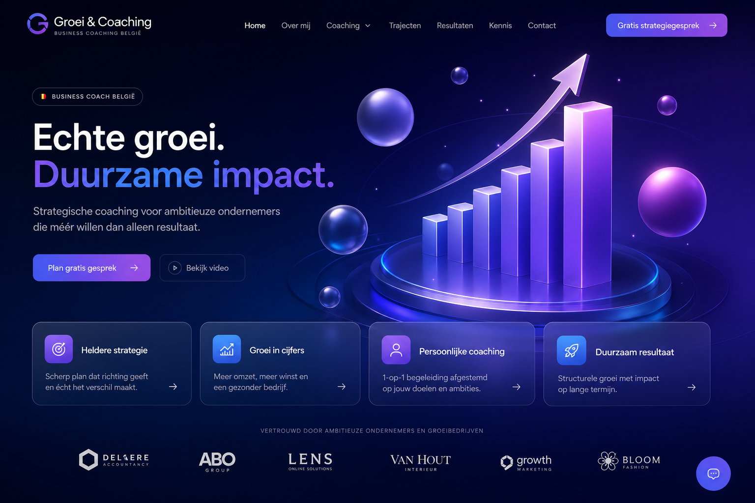 Business coach — wow design met 3D groei-elementen.