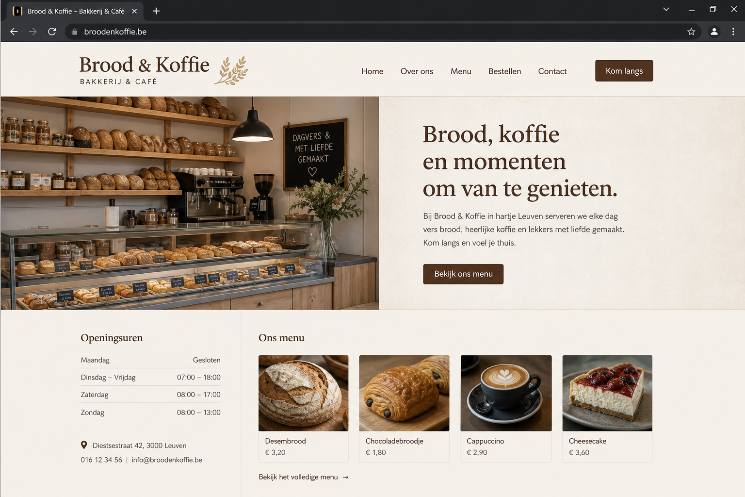 Lokale horeca — warm design met duidelijke info.