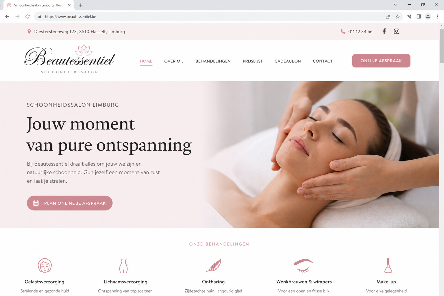 Schoonheidssalon — zacht design met afspraakknop.